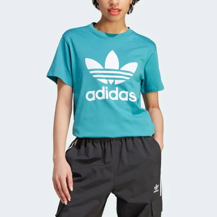 Adidas Originals Футболка Trefoil женская бирюзовая с круглым вырезом Moderate Straight Fit — фото 4
