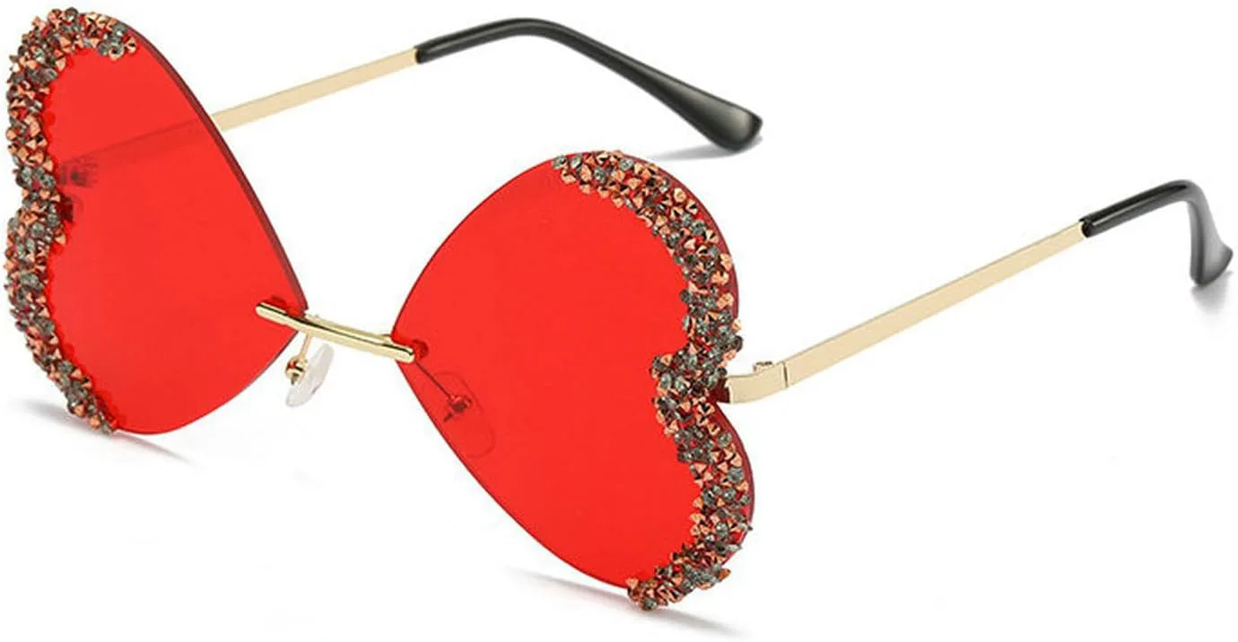 

COTIA Модные солнцезащитные очки без оправы с бриллиантами и сердечками, женские, блестящие, со стразами, оригинальные, в форме сердца, для вечеринок, W35, Red