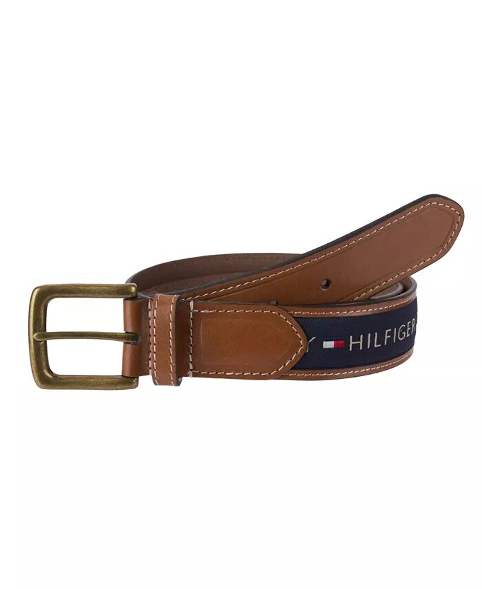 

Мужской трехцветный кожаный ремень с инкрустацией из лент Tommy Hilfiger, синий