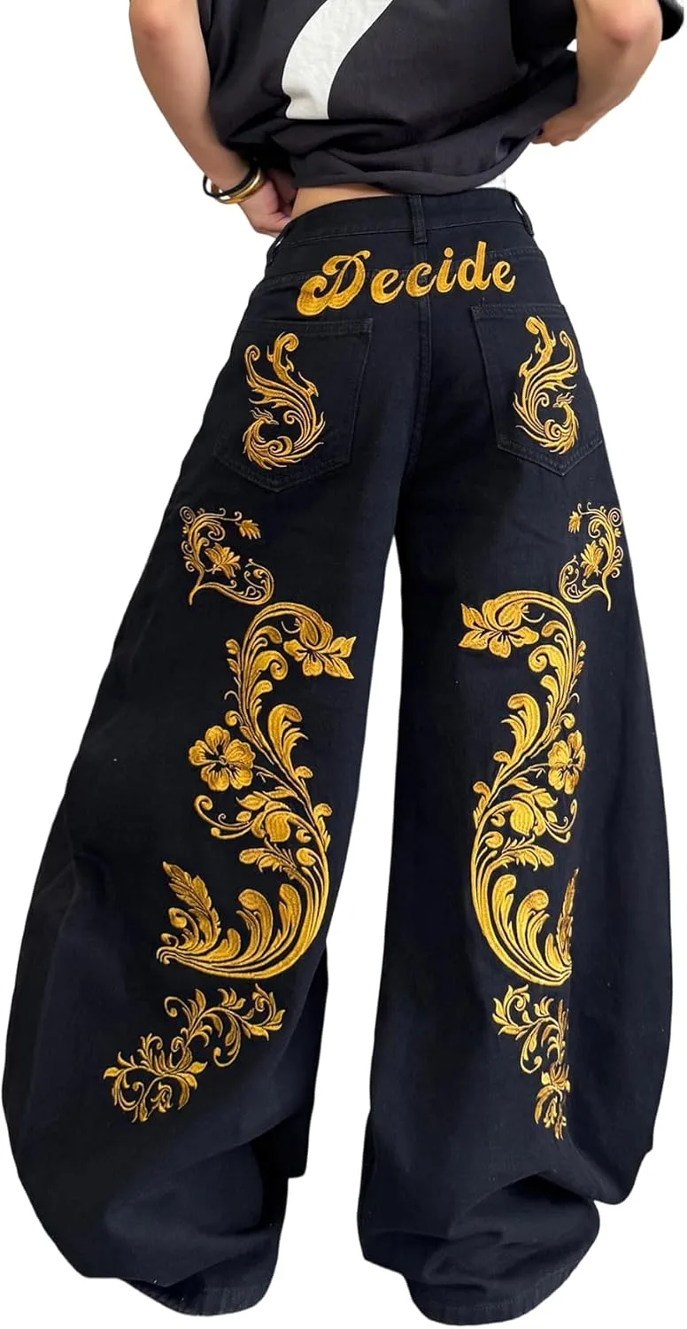 

Женские джинсы-багги с вышивкой, широкие, в стиле хип-хоп OYICAI