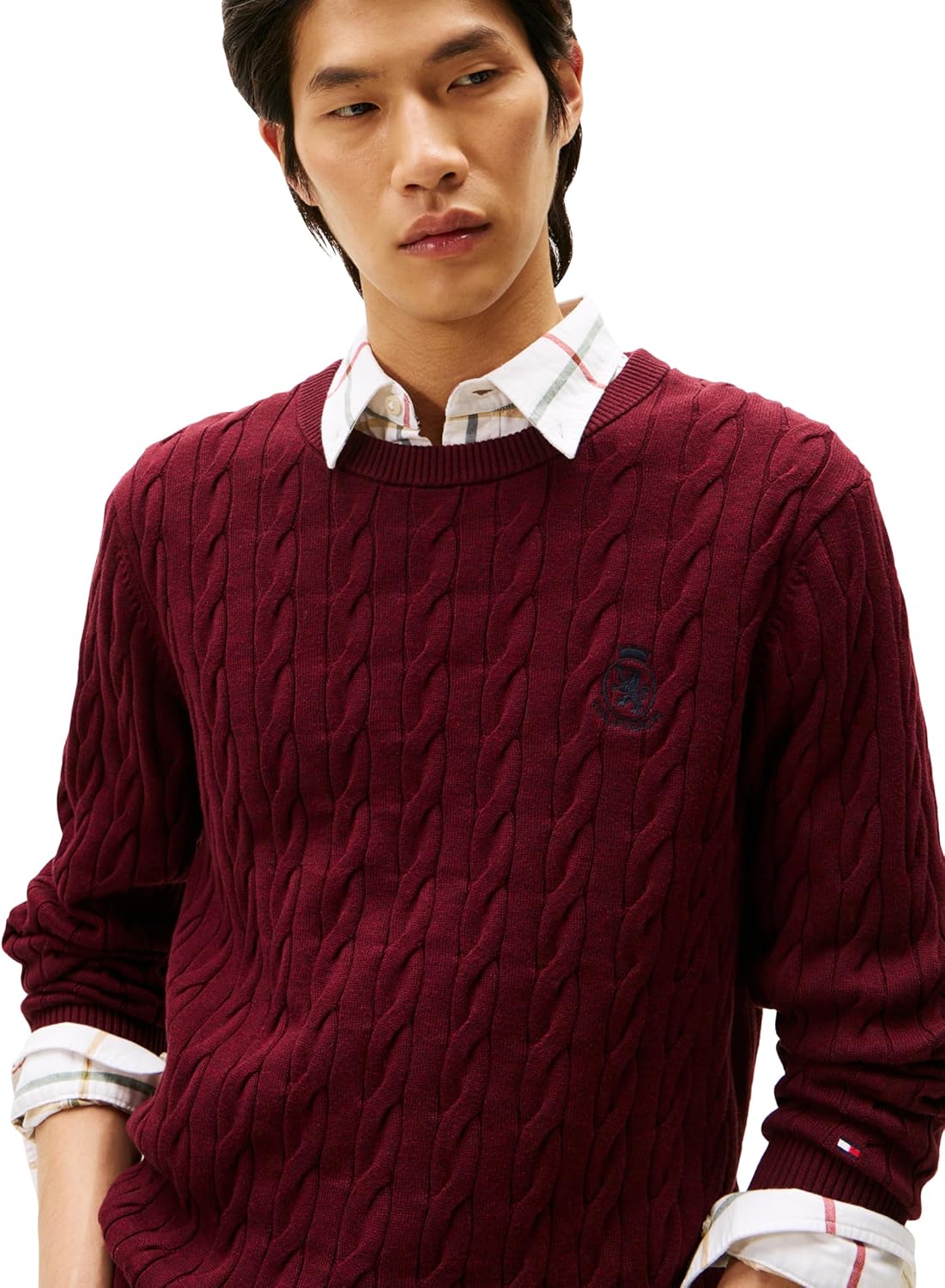 Мужской свитер Tommy Hilfiger Crest Cable Knit Crewneck, легкий пуловер, Deep Burgundy Heather — фото 2