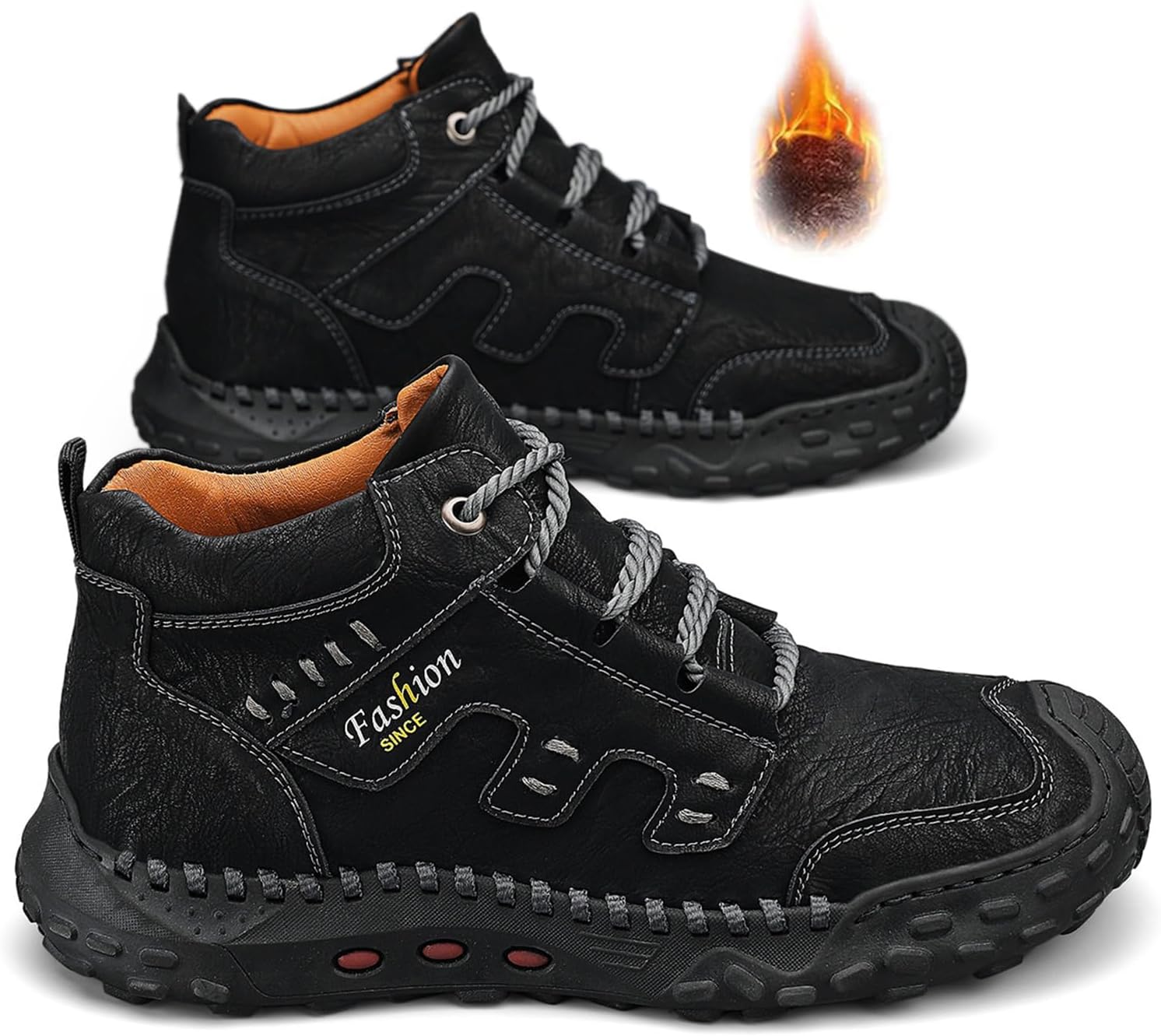 

Мужские кожаные платформенные ботинки на шнуровке, модные ретро для походов, с комфортным круглым носком, ручной прошивкой, легкие, с нескользящей подошвой, чукка с меховой подкладкой для всех сезонов Eggdk, черный