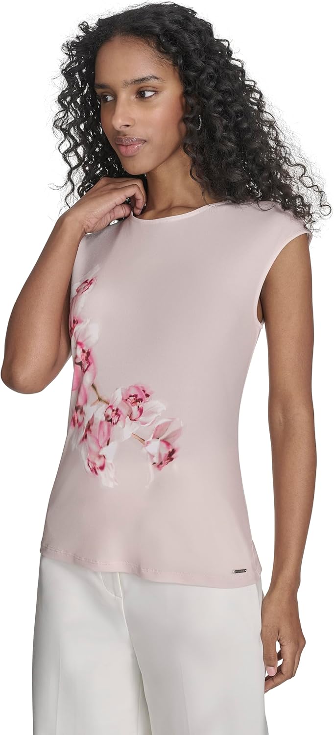 Женский топ Calvin Klein с круглым вырезом и рукавами-крылышками, принтом, Soft Taupe Multi — фото 3