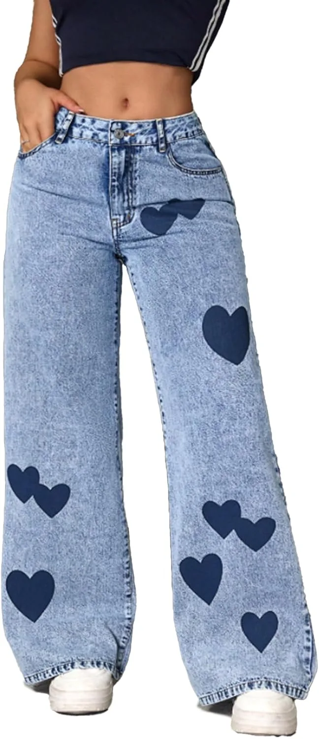 

Женские джинсы с принтом в виде сердца, прямые, мешковатые, потертые, средней посадки, широкие Xadsfeel