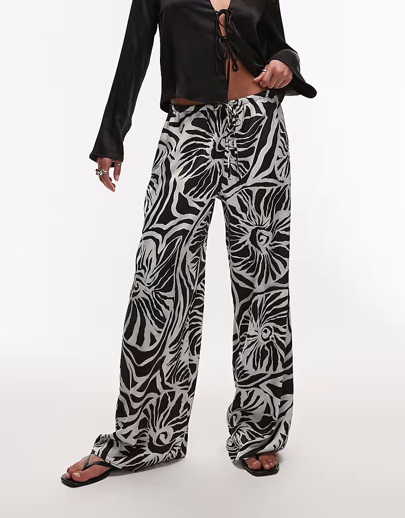 

Атласные брюки с абстрактным принтом ракушек, однотонные, серые Topshop