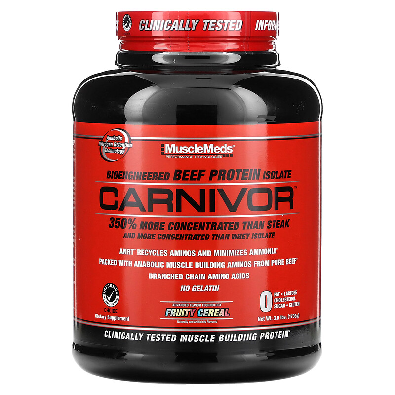 

MuscleMeds, Carnivor, изолят говяжьего белка, созданный путем биоинженерии, со вкусом фруктовых хлопьев, 1736 г (3,8 фунта)