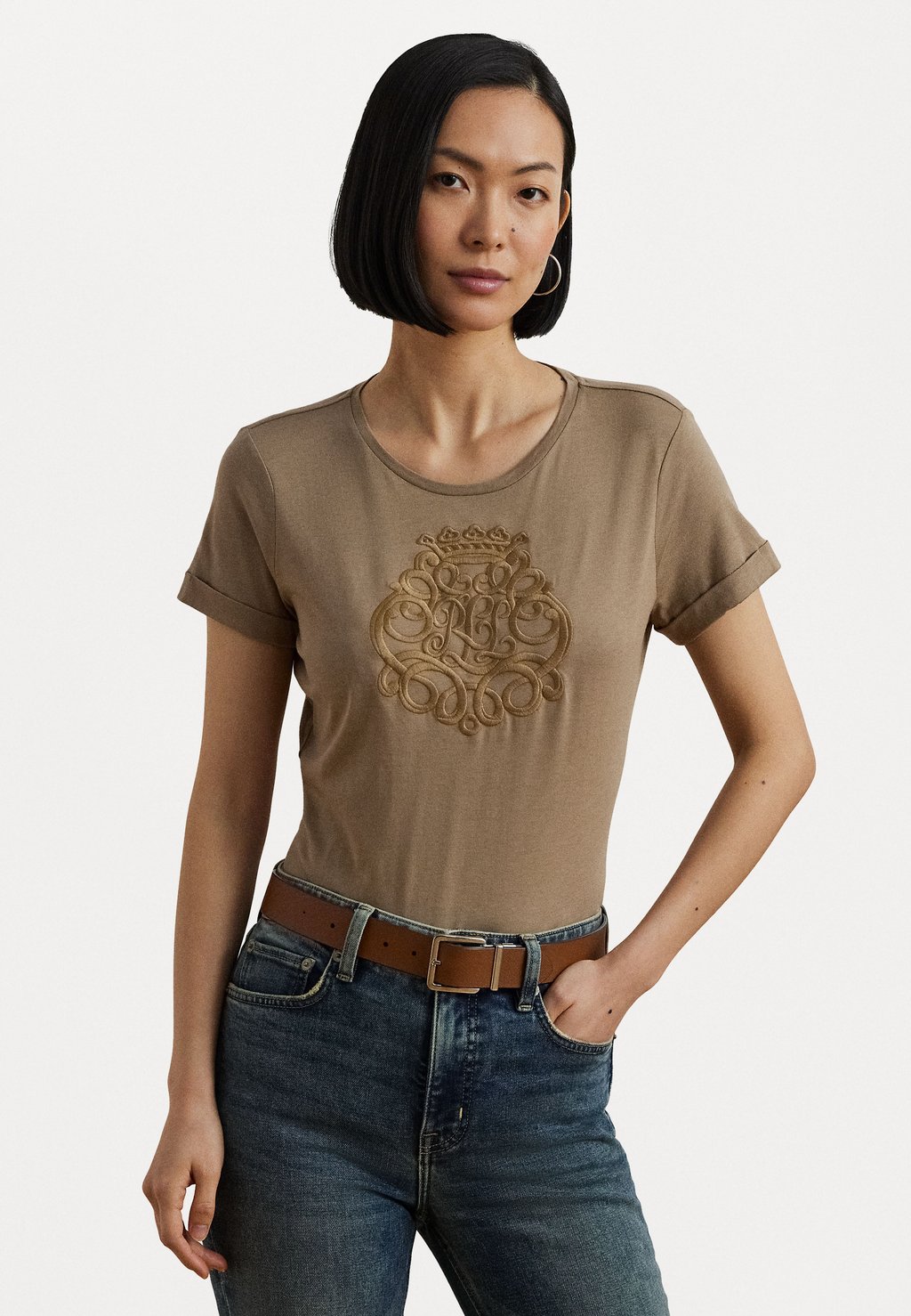 

Футболка с принтом EMBROIDERED LOGO COTTON JERSEY TEE Lauren Ralph Lauren, коричневый