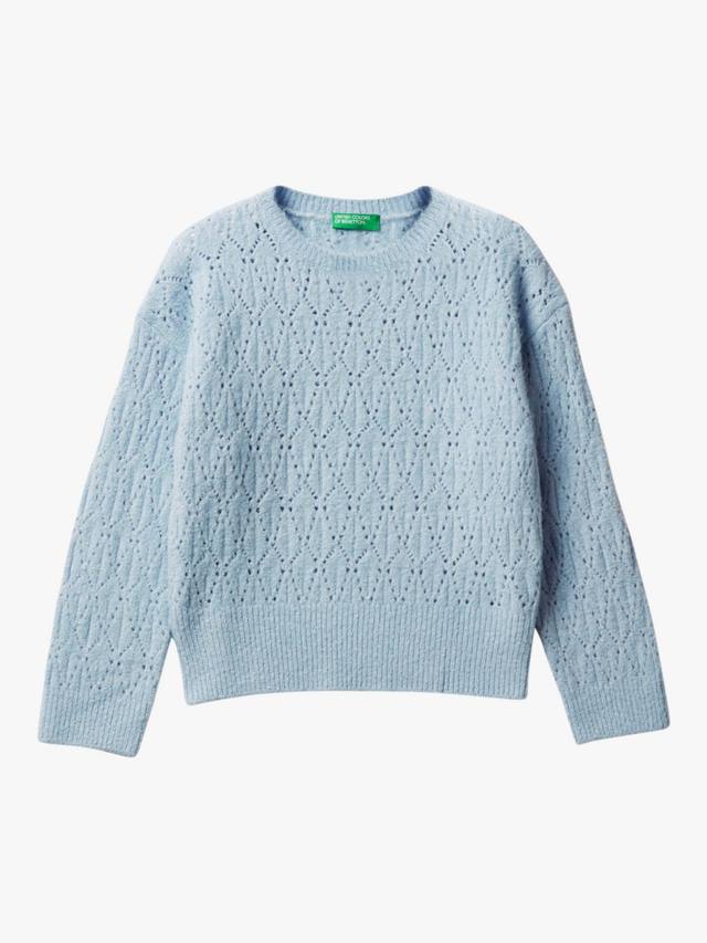 Детский вязаный ажурный джемпер с круглым вырезом Benetton, Blue