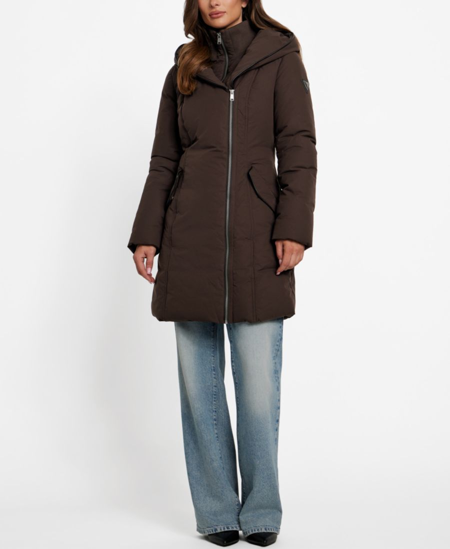 

Женская асимметричная пуховая куртка с капюшоном и застежкой-молнией спереди GUESS, Regal Brown