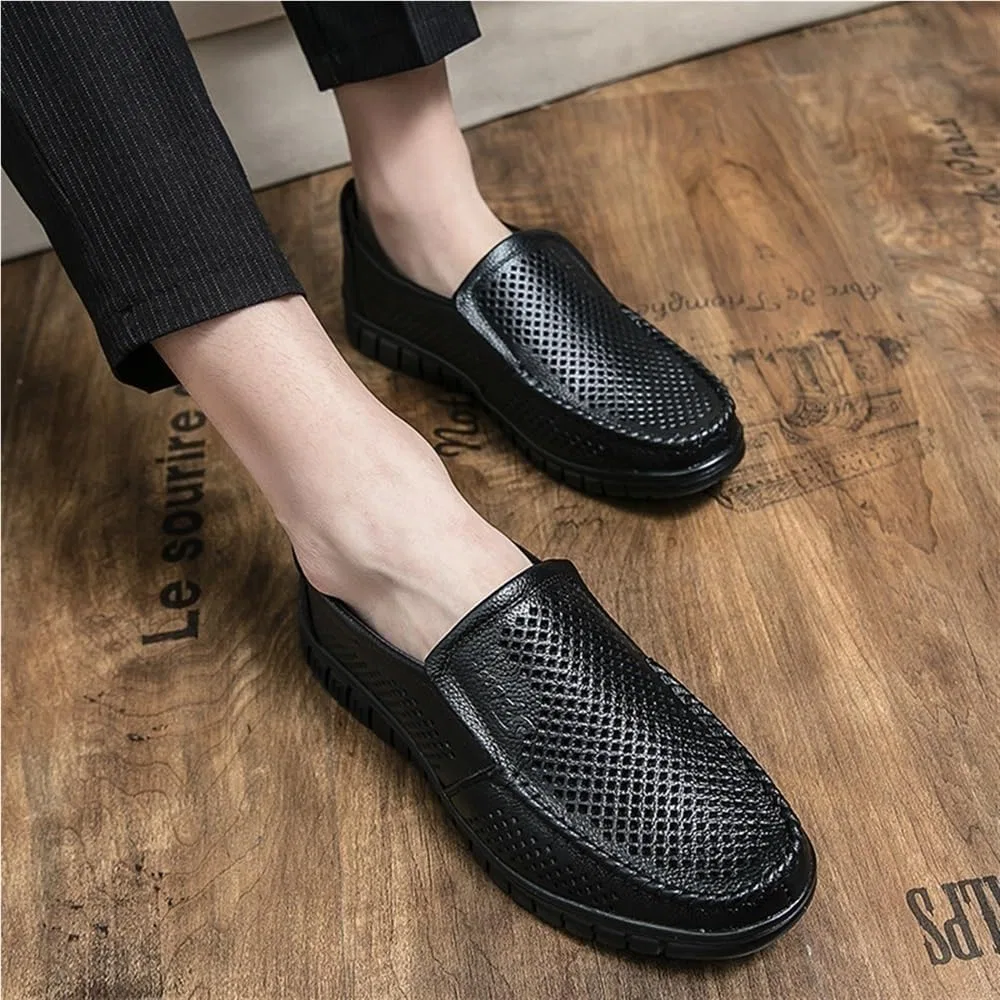 Лоферы кожаные дышащие Mens Breathable Leather Loafers, черный DHFIRUFSHLO — фото 2