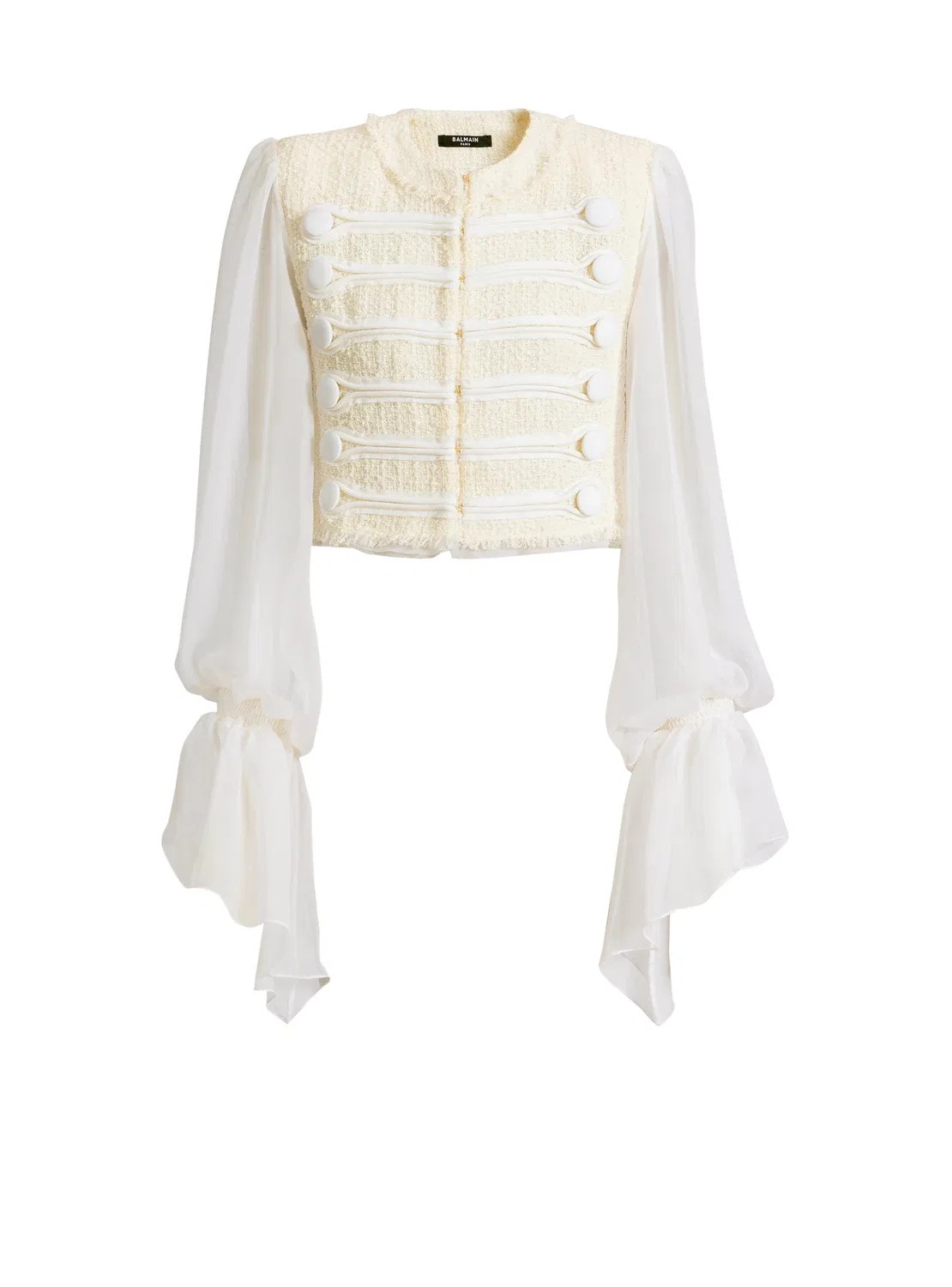 Укороченная куртка из твида и муслина с застежкой-петелькой BALMAIN, белый