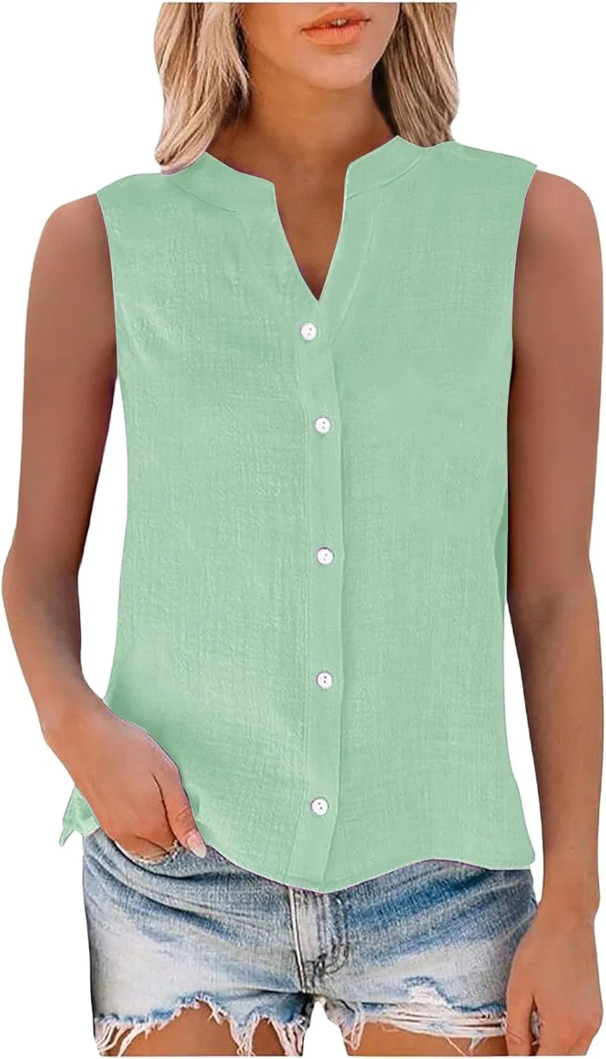 Женский топ-безрукавка из хлопка и льна, Mint Green, S-5XL — фото 3