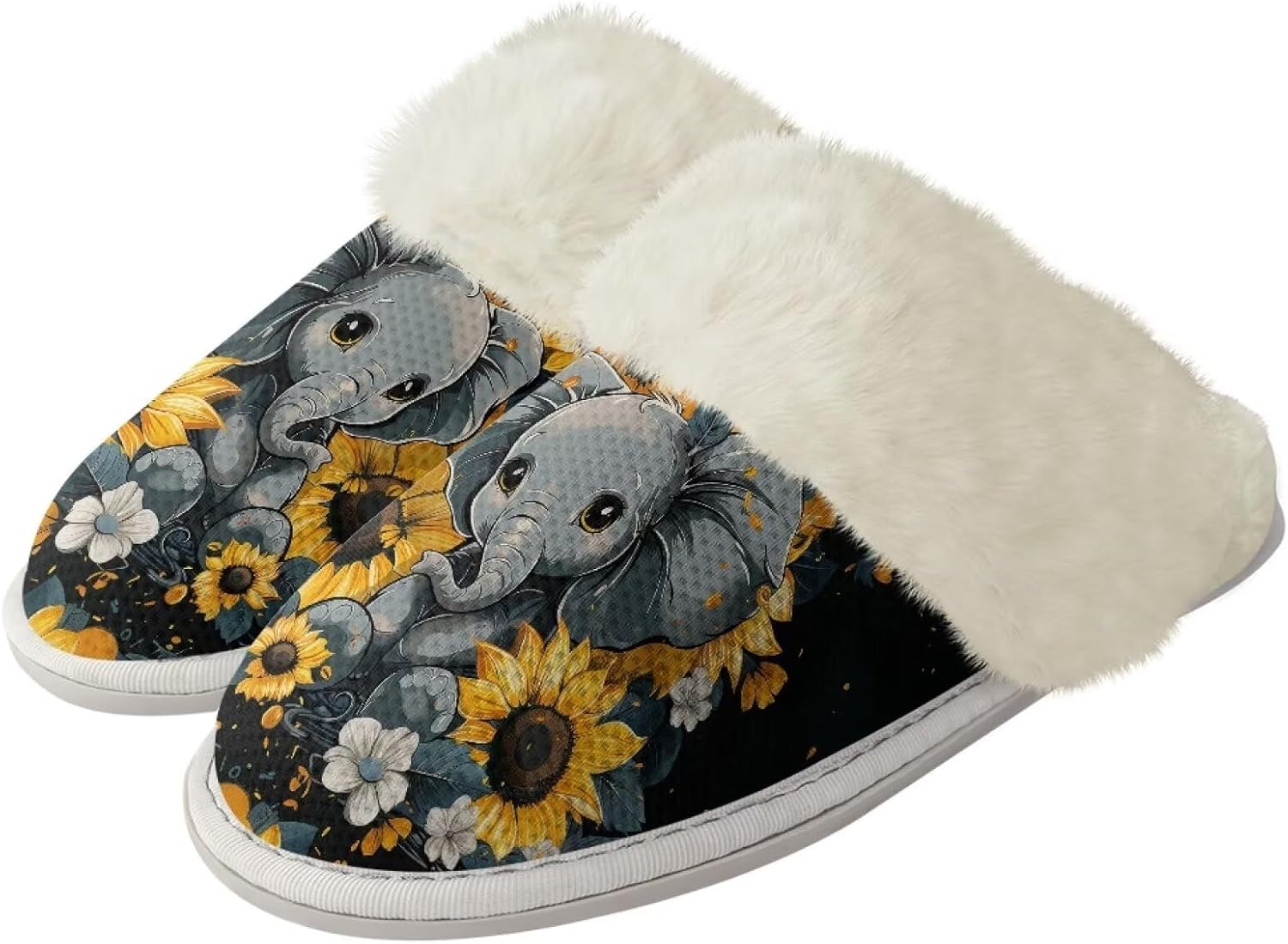 

Домашние тапочки для мужчин и женщин, зимние теплые тапочки на плоской подошве, мягкие плюшевые, закрытый носок, домашняя обувь с резиновой подошвой против скольжения для спа и ванной Watdotory, Elephant Sunflower