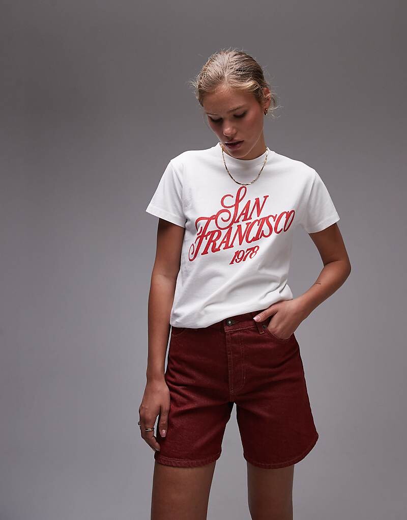 

Topshop – Короткие белые> Футболка с принтом San Francisco 1978