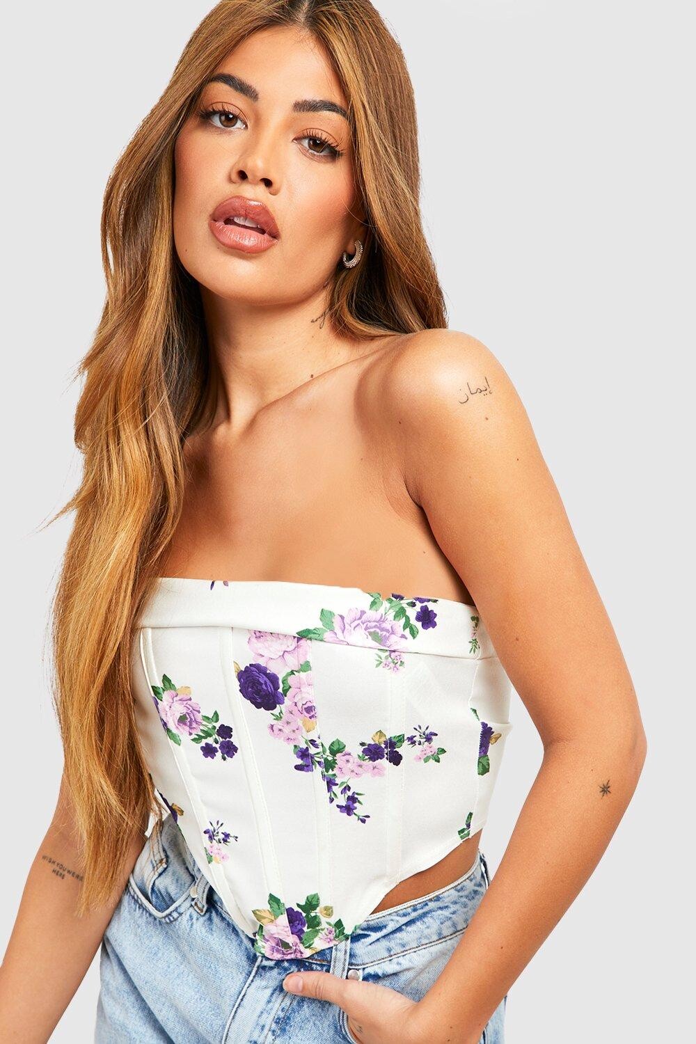 

Бенгалийский корсетный топ без бреточек с цветочным принтом Boohoo, белый