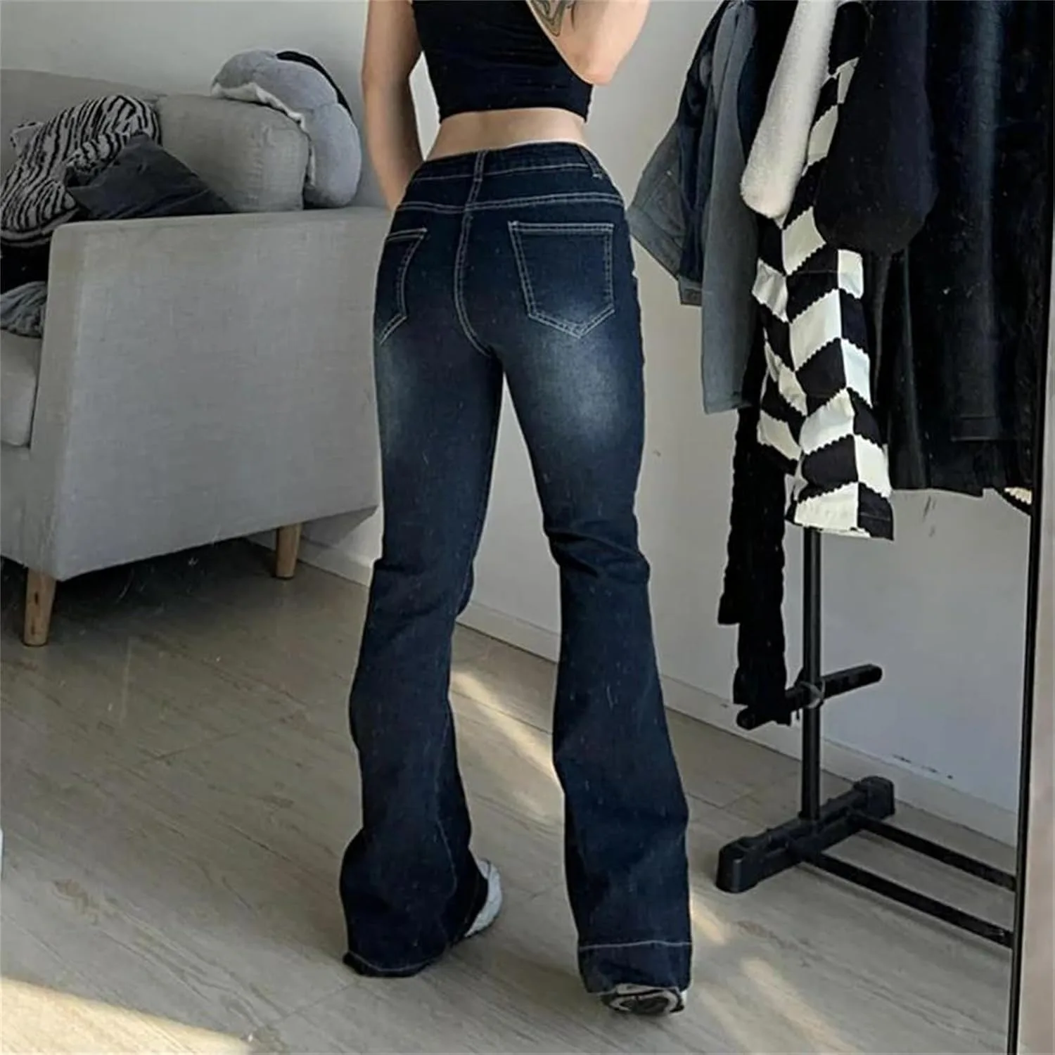 Женские джинсы slim fit с расклешенным низом, низкая посадка, винтажный стиль, уличная мода, повседневные брюки для лета, эластичные джинсовые штаны Generic, синий — фото 3
