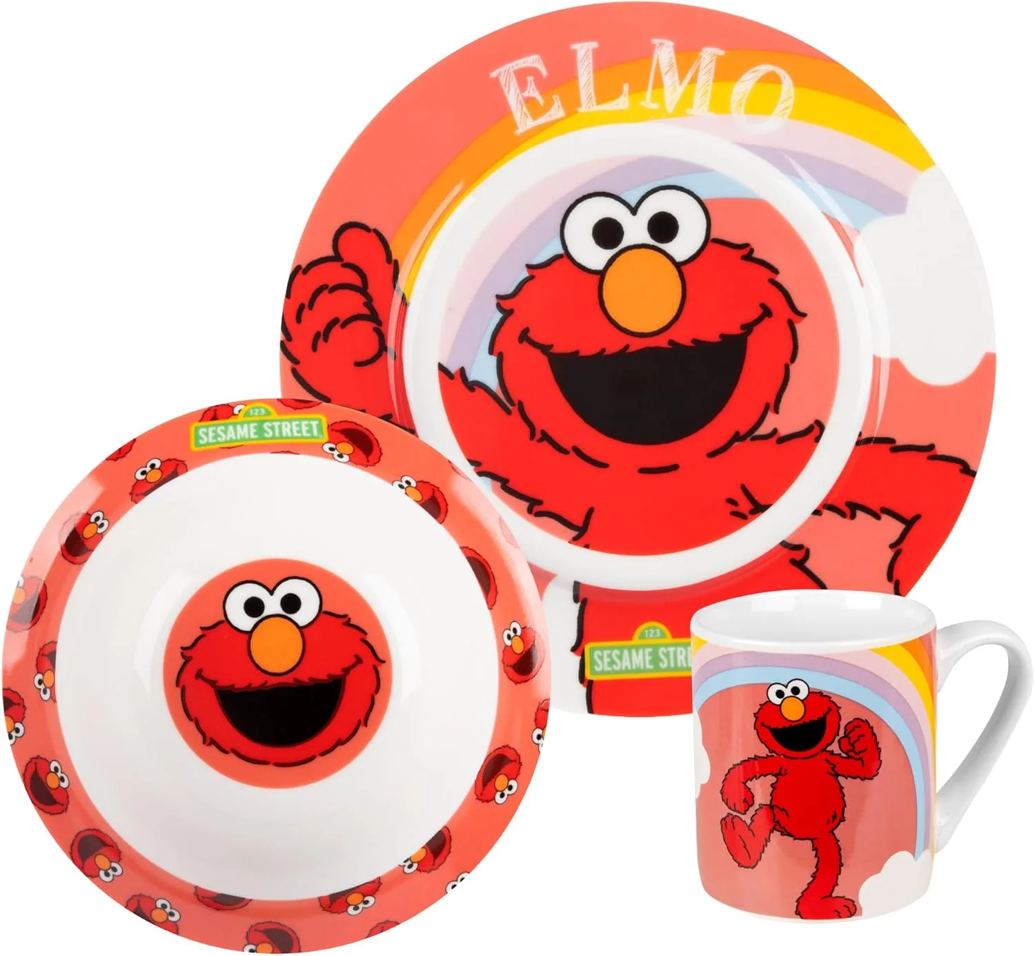 Детский завтракальный набор Elmo от United Labels, фарфоровый набор посуды, 3 предмета: тарелка, миска и чашка, подходит для посудомоечной машины и микроволновки
