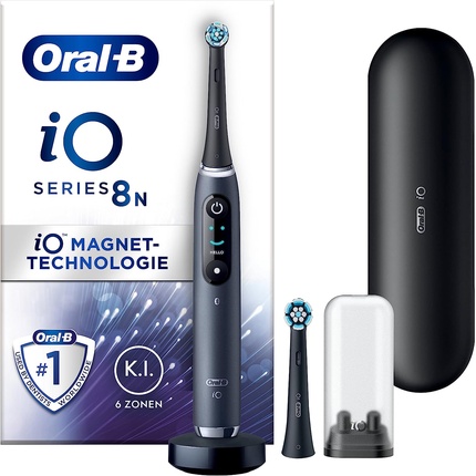 

Электрическая зубная щетка Oral-B Io Series 8 с 2 насадками 6 режимов чистки Магнитная технология Цветной дисплей и дорожный футляр Разработано Braun Black Onyx, Oral B