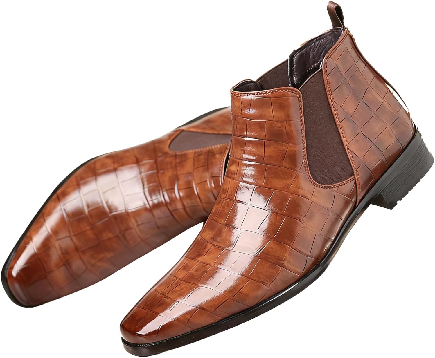 

Модные мужские челси-ботинки из кожи с принтом, заостренный носок, без шнуровки, низкий массивный каблук, ретро стиль, деловые ботинки-чакка до щиколотки для официальных мероприятий, свадеб, вечеринок и повседневной работы Enoegmsd, коричневый