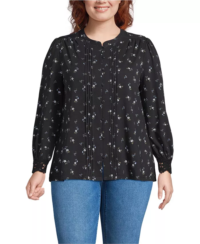 

Плюс сайз легкая трикотажная блуза с длинным рукавом и застежкой на пуговицы с защипами спереди Lands' End, черный