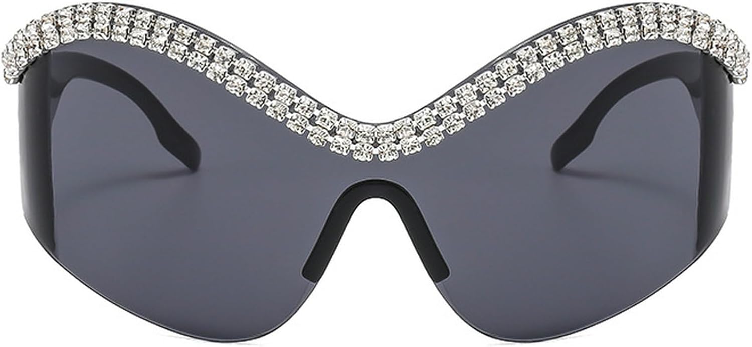 

Модные солнцезащитные очки-маска со стразами для женщин и мужчин, большие, серебристые, зеркальные, футуристические, в форме щита, с бриллиантовым блеском mincl, Black