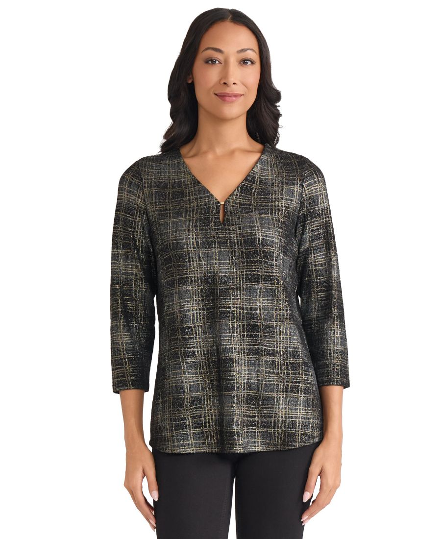 

Укороченный двухцветный топ с V-образным вырезом и вырезом-капелькой Jones New York, Jones Black Multi