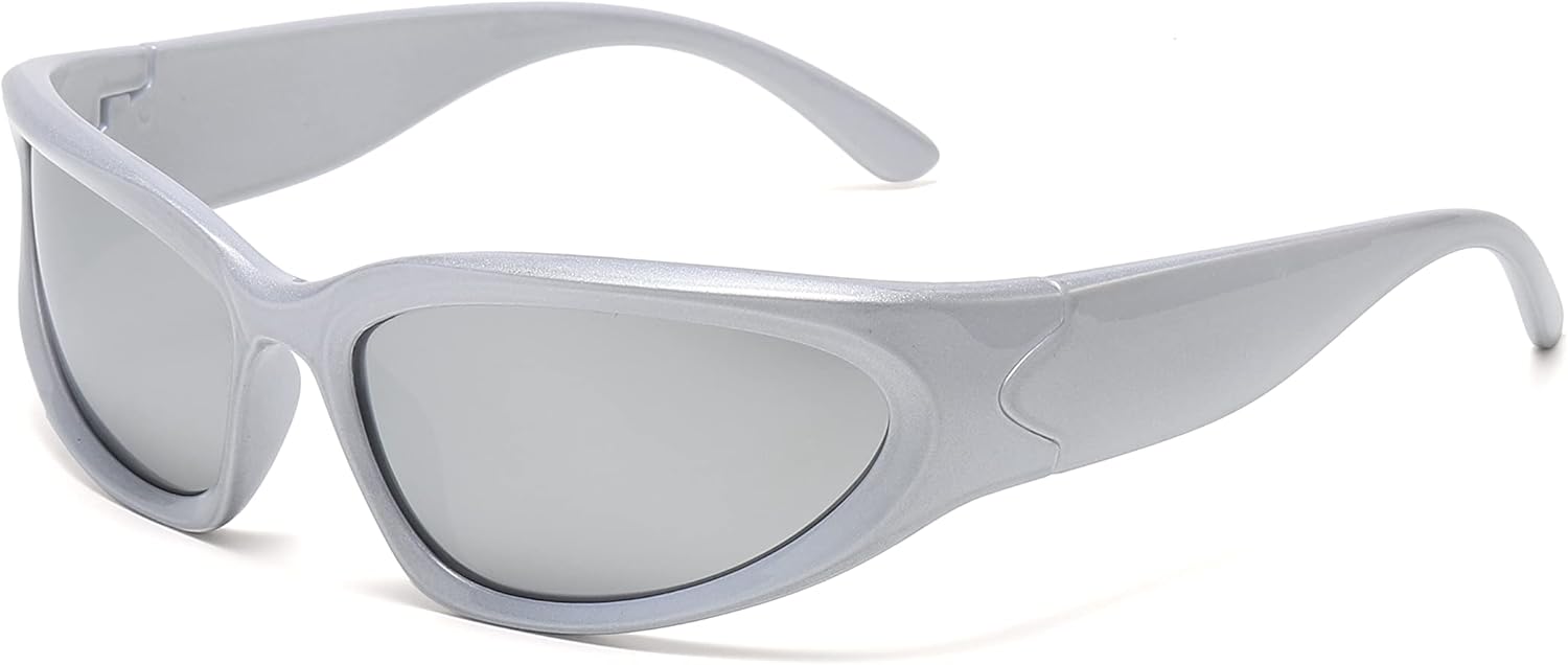 

Спортивные солнцезащитные очки обтекаемой формы для мужчин и женщин, в стиле Y2k, солнцезащитные очки-маска, защита от УФ-излучения UV400 Kyiduo, Silver Frame/Silver Lens