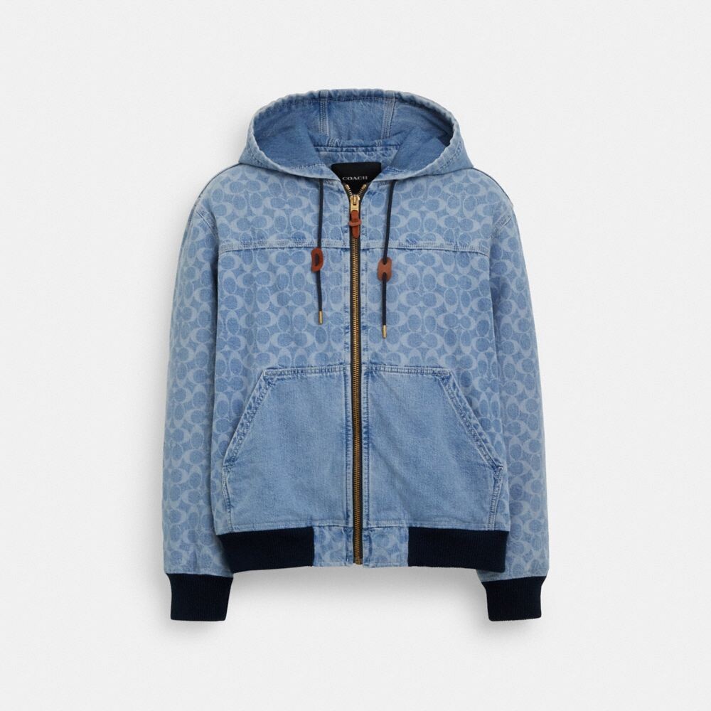 

Фирменная джинсовая куртка с капюшоном на молнии COACH, цвет light wash