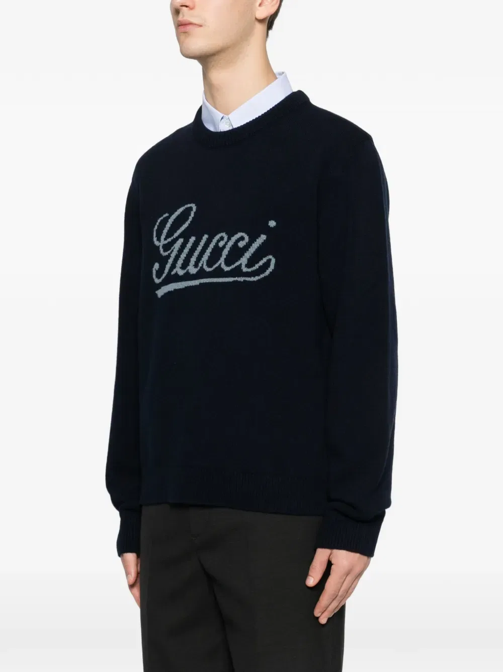 Свитер Gucci с логотипом, круглый вырез, длинные рукава, синий — фото 3