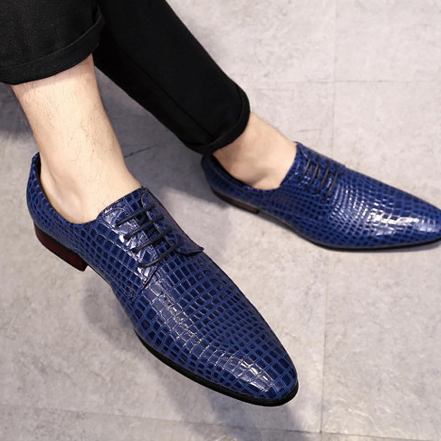 Мужские ретро туфли-оксфорды из кожи с эффектом каменной текстуры, на шнуровке, с заостренным носком, массивным каблуком, противоскользящие, повседневные, легкие, роскошные и комфортные для бизнеса Qwuieoin, синий — фото 4
