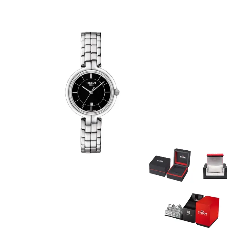 

TISSOT Часы Flamenco Collection Quartz Movement Women's Watch Watch 30mm Black Dial Stainless Steel Case Steel Strap, Black Dial