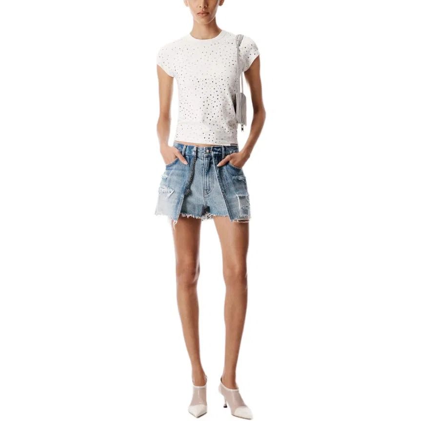 Рваные шорты на молнии Alexander Wang, Light Indigo — фото 3