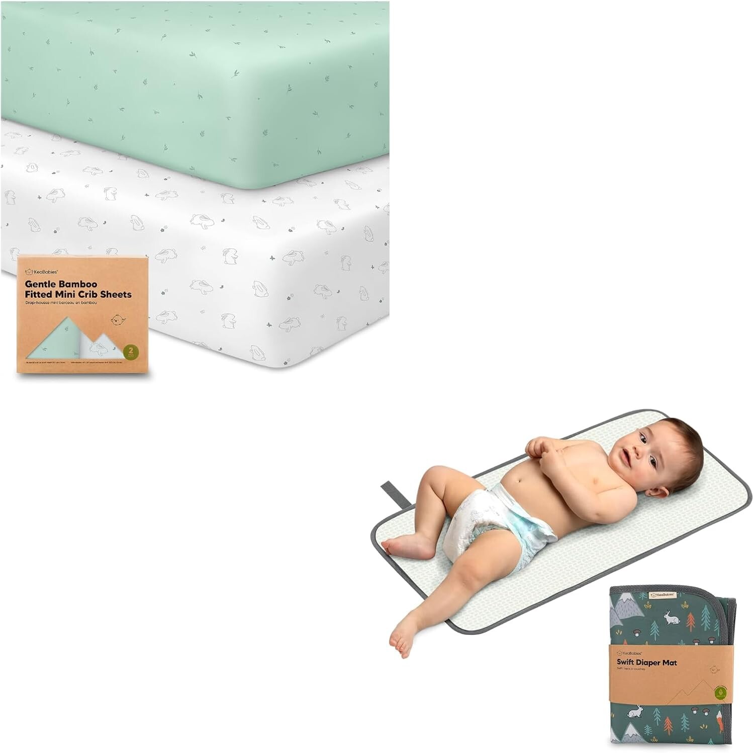 

Kea Комплект из 2 мини-простыней для детской кроватки Kea и портативный коврик для пеленания подгузников — простыни Pack and Play KeaBabies