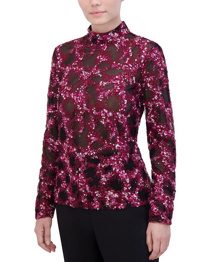 

BCBGMAXAZRIA Топ из сетки с пайетками и воротником-стойкой, красный
