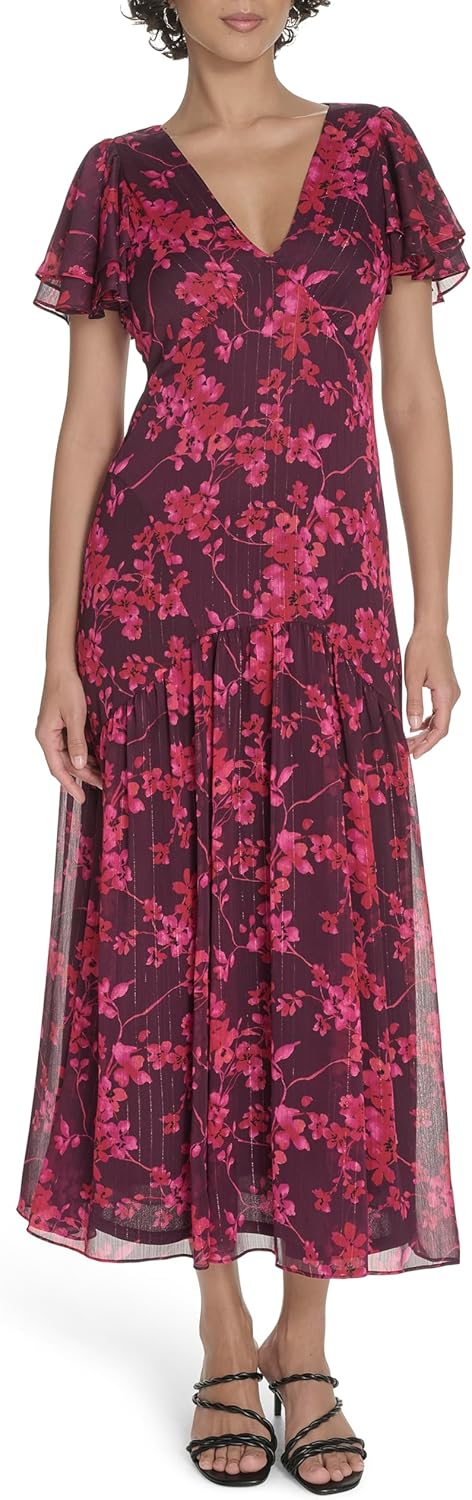 

Женское платье макси с V-образным вырезом и рукавами-крылышками от Tommy Hilfiger, Aubergine Multi