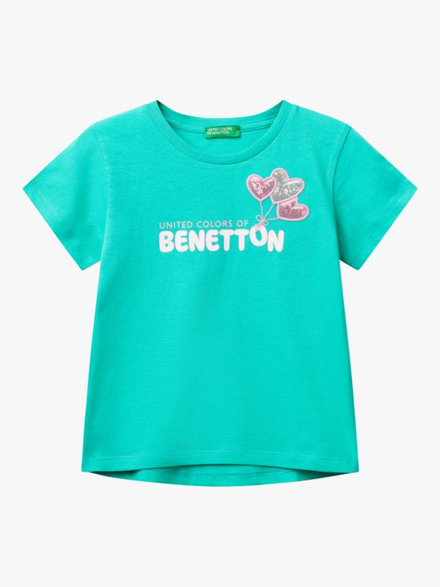

Детская хлопковая футболка с пайетками и коротким рукавом Benetton, Teal Green