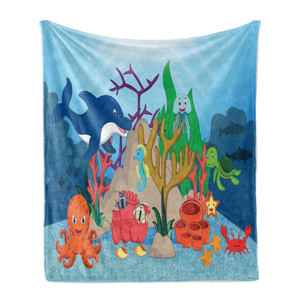 

ABAKUHAUS Deep Sea Мягкое фланелевое флисовое одеяло, Happy Cartoon с дельфином, осьминогом, морским коньком, крабом, черепахой, медузой, 175 x 230 см, бледно-голубой, разноцветный
