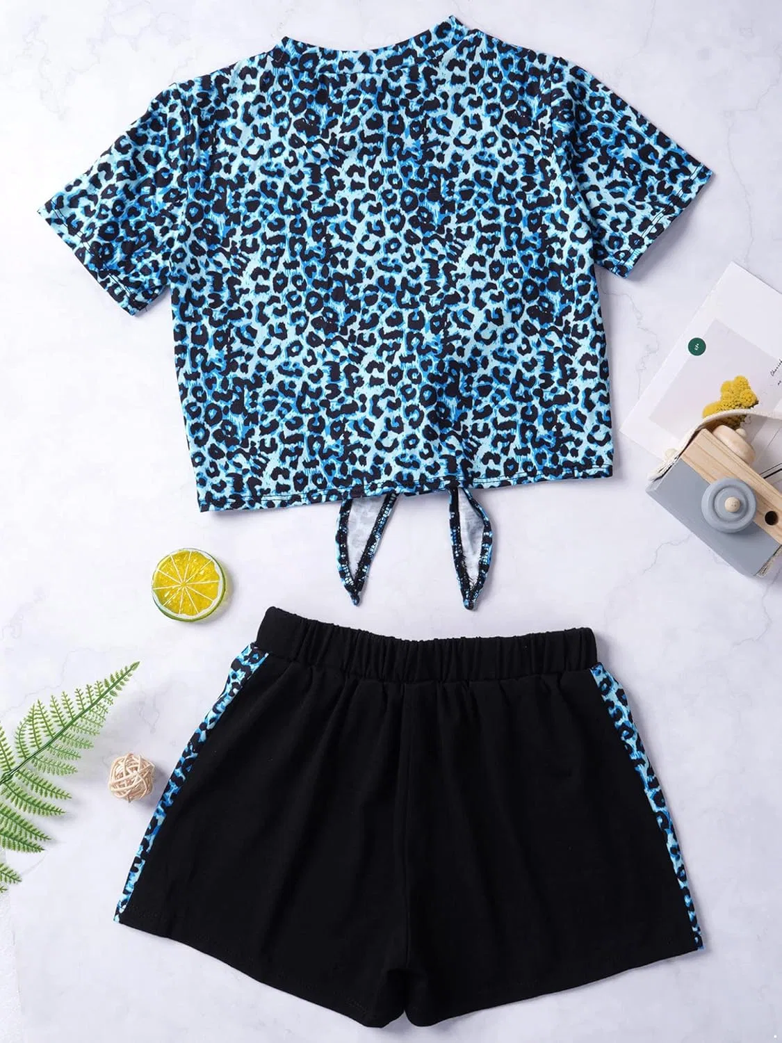 Детский спортивный костюм с принтом леопарда Moggemol, топ и шорты, Blue Leopard — фото 4