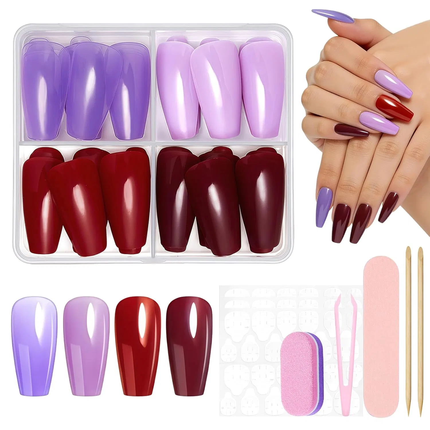 Набор из 96 многоразовых накладных ногтей формы «гроб» Virellay, 03 Purple&Red Series