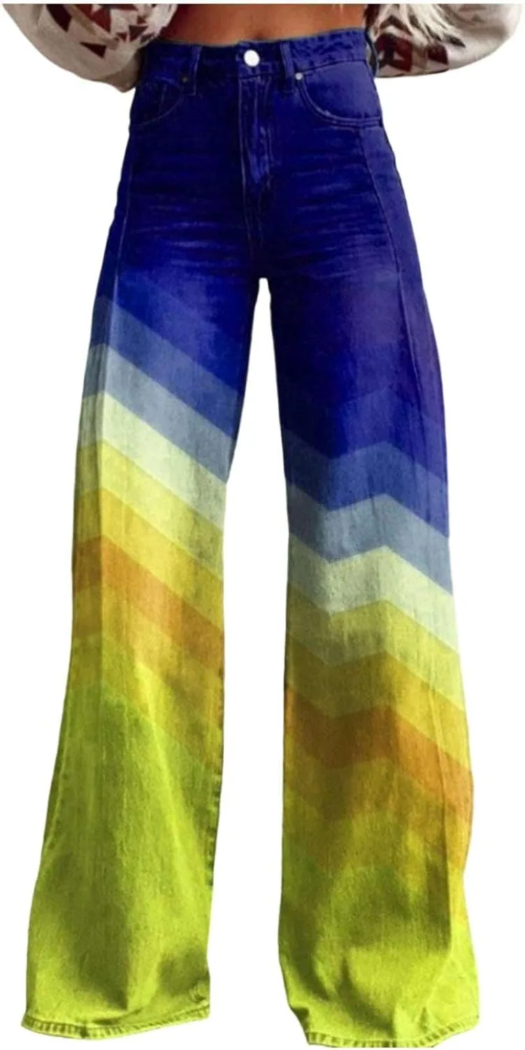 

Женские джинсовые брюки с принтом, широкие, на высокой талии, тянущиеся, без застежки, не мнутся, для офиса и повседневной носки Naxsuia