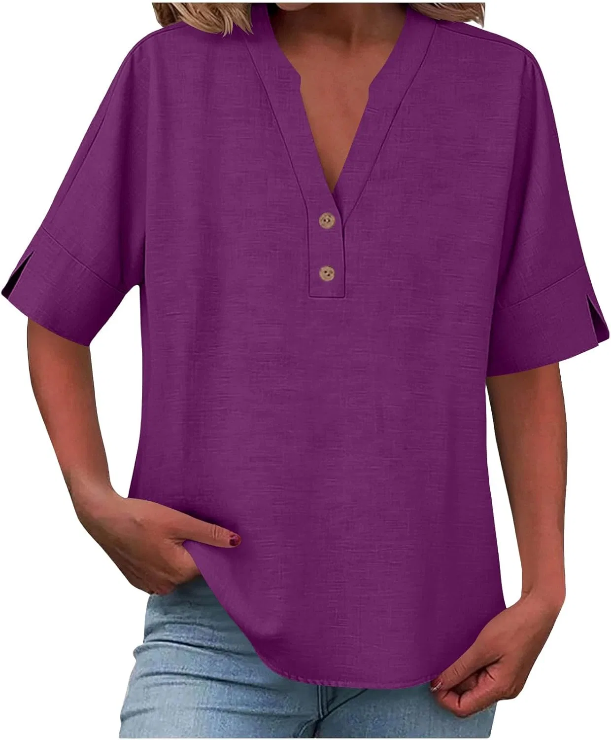Женская блуза из хлопка и льна, Casual Henley, фиолетовый — фото 4