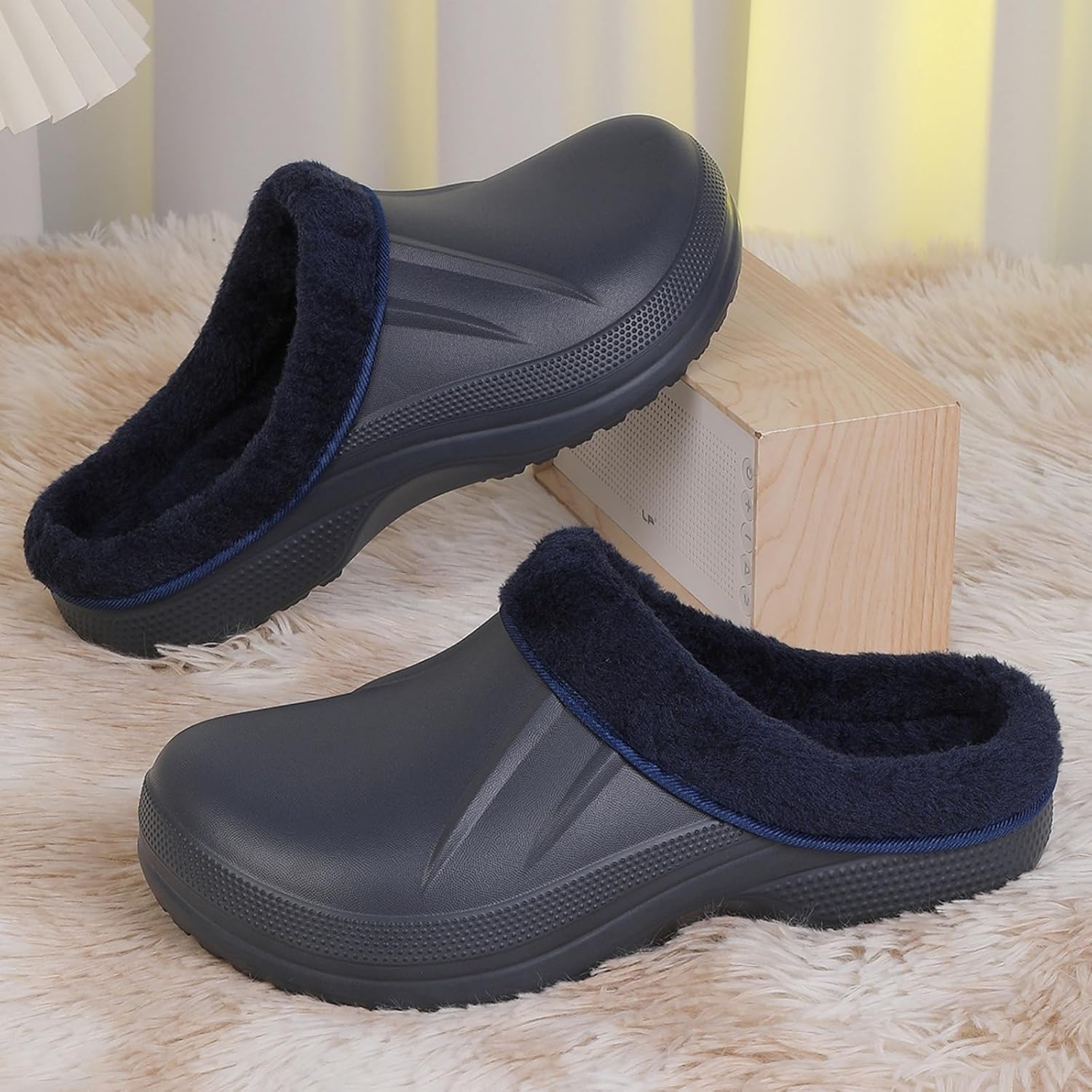 YUKTOPA Unisex из искусственной меховой подкладки- зимняя теплая обувь, слизающие водонепроницаемые домашние тапочки, легкие садовые сабо, мулы для пляжа во дворе, синий — фото 3