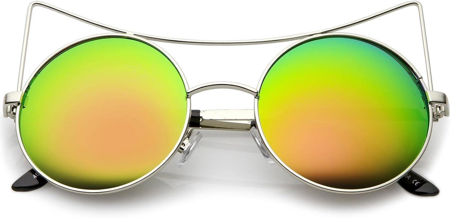 

zeroUV - Женские солнцезащитные очки большого размера с открытыми металлическими зеркальными круглыми плоскими линзами в форме «кошачьего глаза», диаметр линз 54 мм, Silver / Pink Green Mirror
