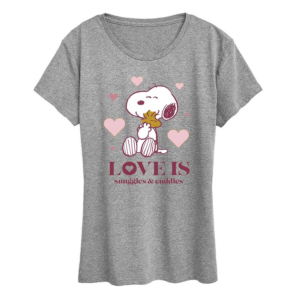 

Женская футболка с рисунком Peanuts Snoopy & Woodstock Snuggles Licensed Character, цвет Heather Gray