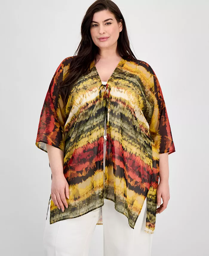 

Кимоно больших размеров с открытым спереди и принтом шарфа Anne Klein, зеленый