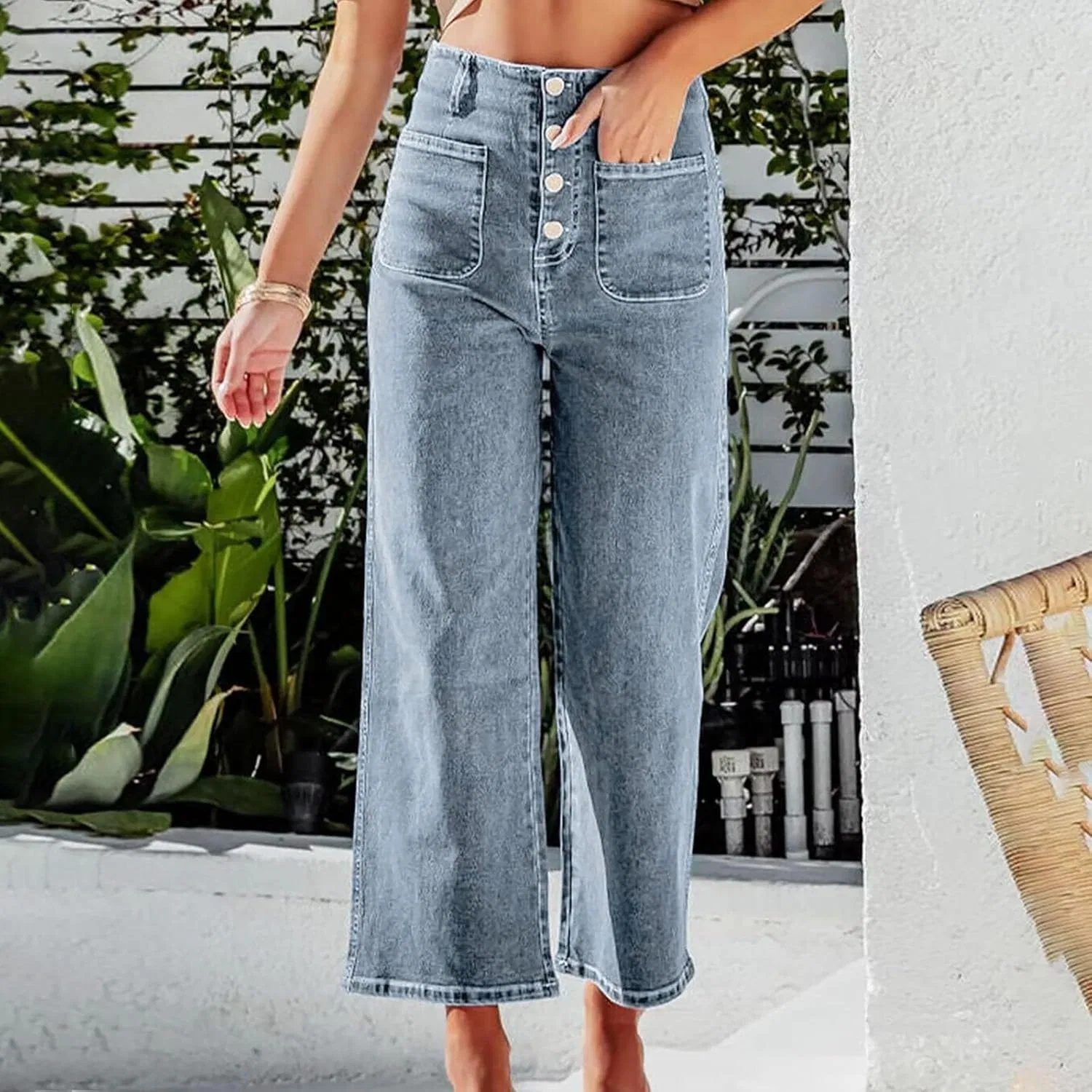 Джинсы женские, широкие, капри, высокая талия, Bu2--run Small Suggest Choose 1-2 Sizes Up — фото 3