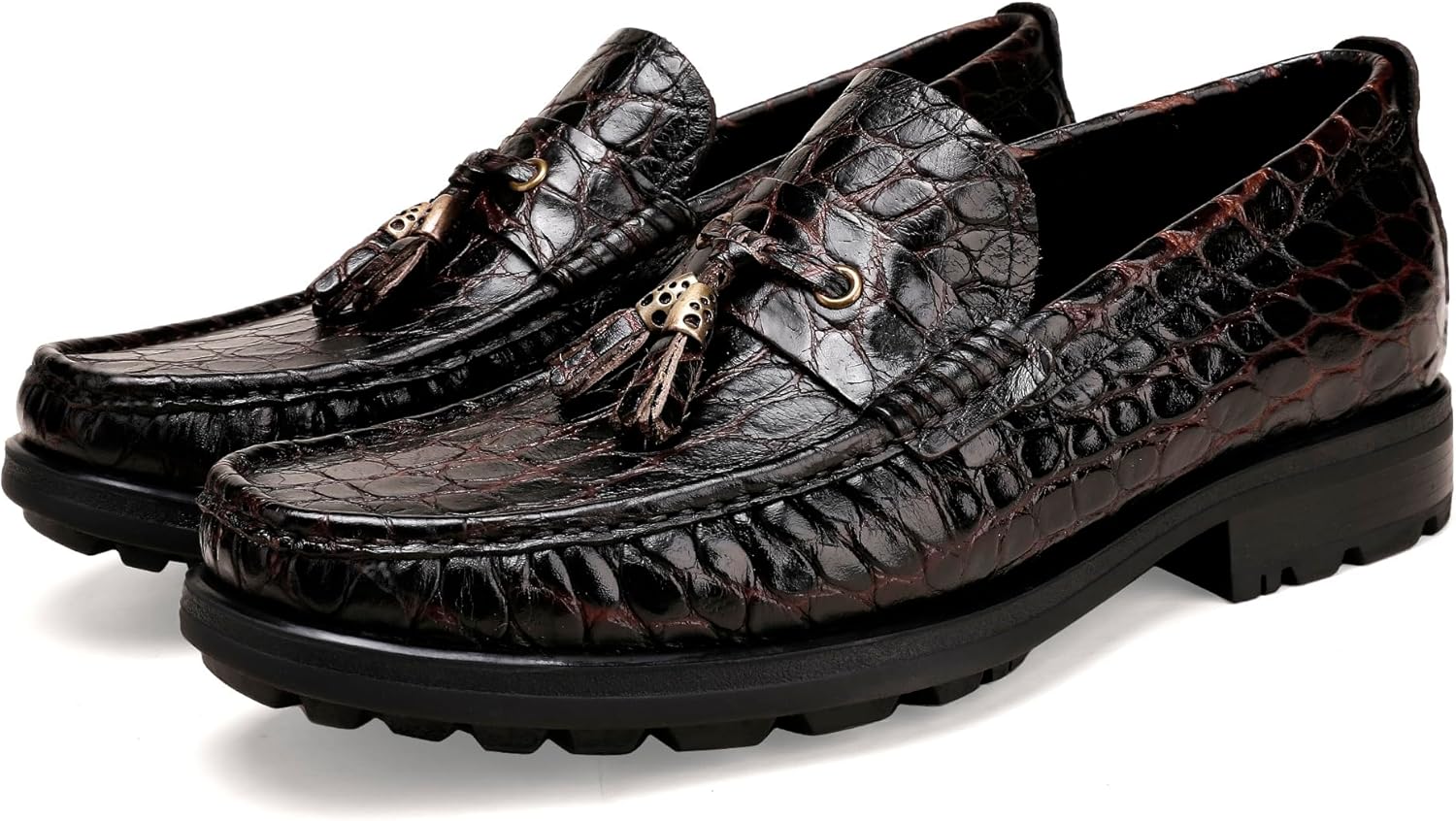 

Мужские кожаные лоферы с кисточками, лоферы с тиснением под аллигатора, повседневные праздничные туфли с мягкой толстой подошвой, туфли на выпуск, слипоны для свадеб и деловых мероприятий Generic, Coffee