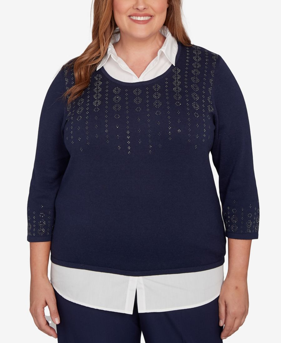 

Свитер-трансформер большого размера Saratoga Springs с металлизированными заклепками и текстурированной поверхностью, модель два в одном Alfred Dunner, Navy