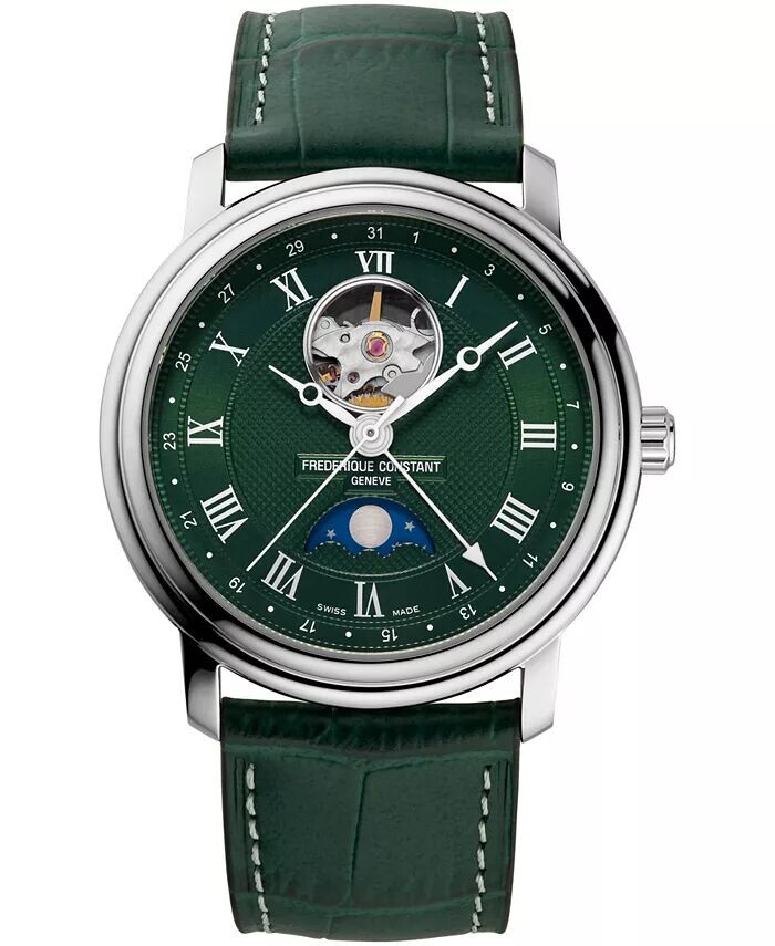 

Мужские швейцарские автоматические классические часы Heartbeat Moonphase с зеленым кожаным ремешком, 40 мм Frederique Constant