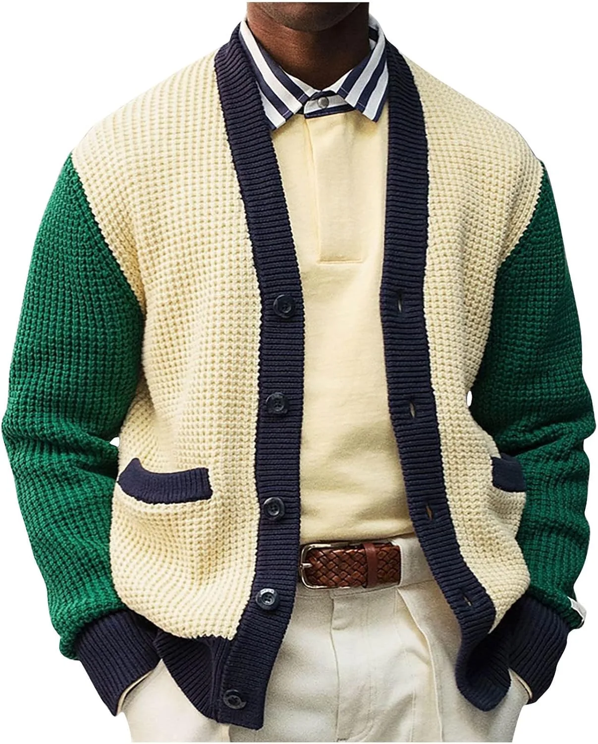 

Кардиган Dgoopd для мужчин, цветной блок, кабельная вязка, с карманами